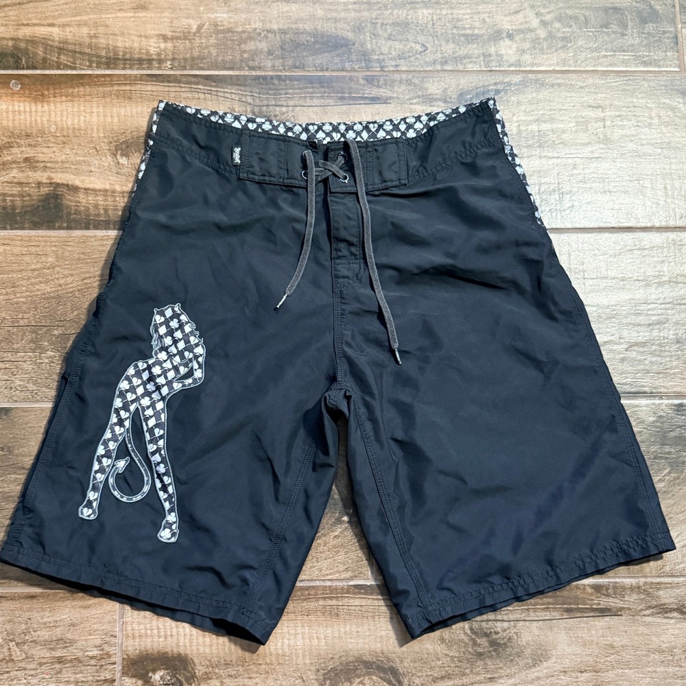 No Fear VTG Y2K Bad/Good Girl Cards Graphic 11" Board Shorts, Black White, 33